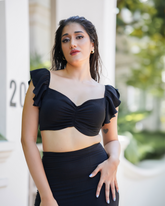 Monatana ruffle sleeves croptop with side slit skirt