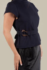 TIARA-Belt Detail High Neck Top