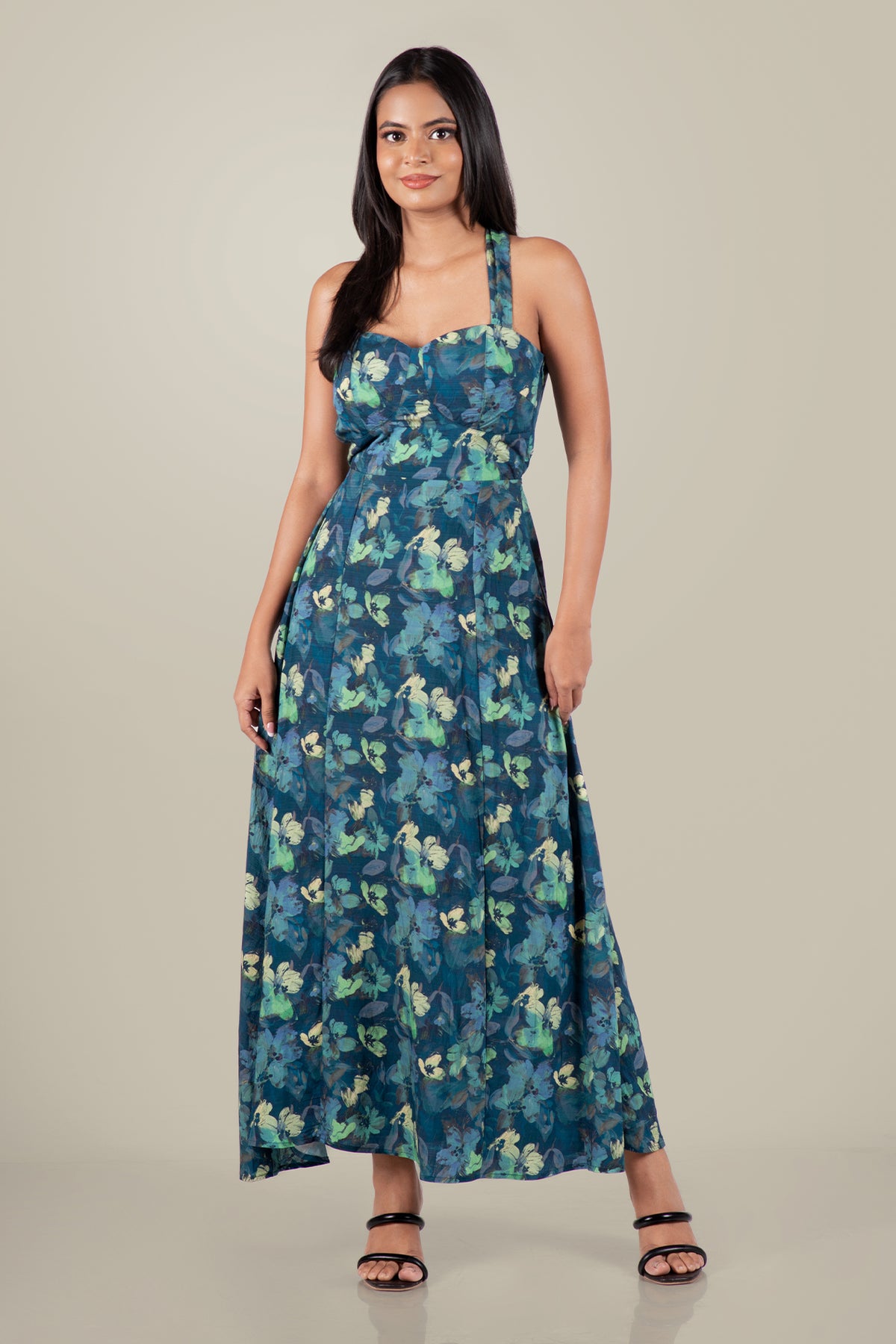 NANCY-Floral Halter Maxi Dress