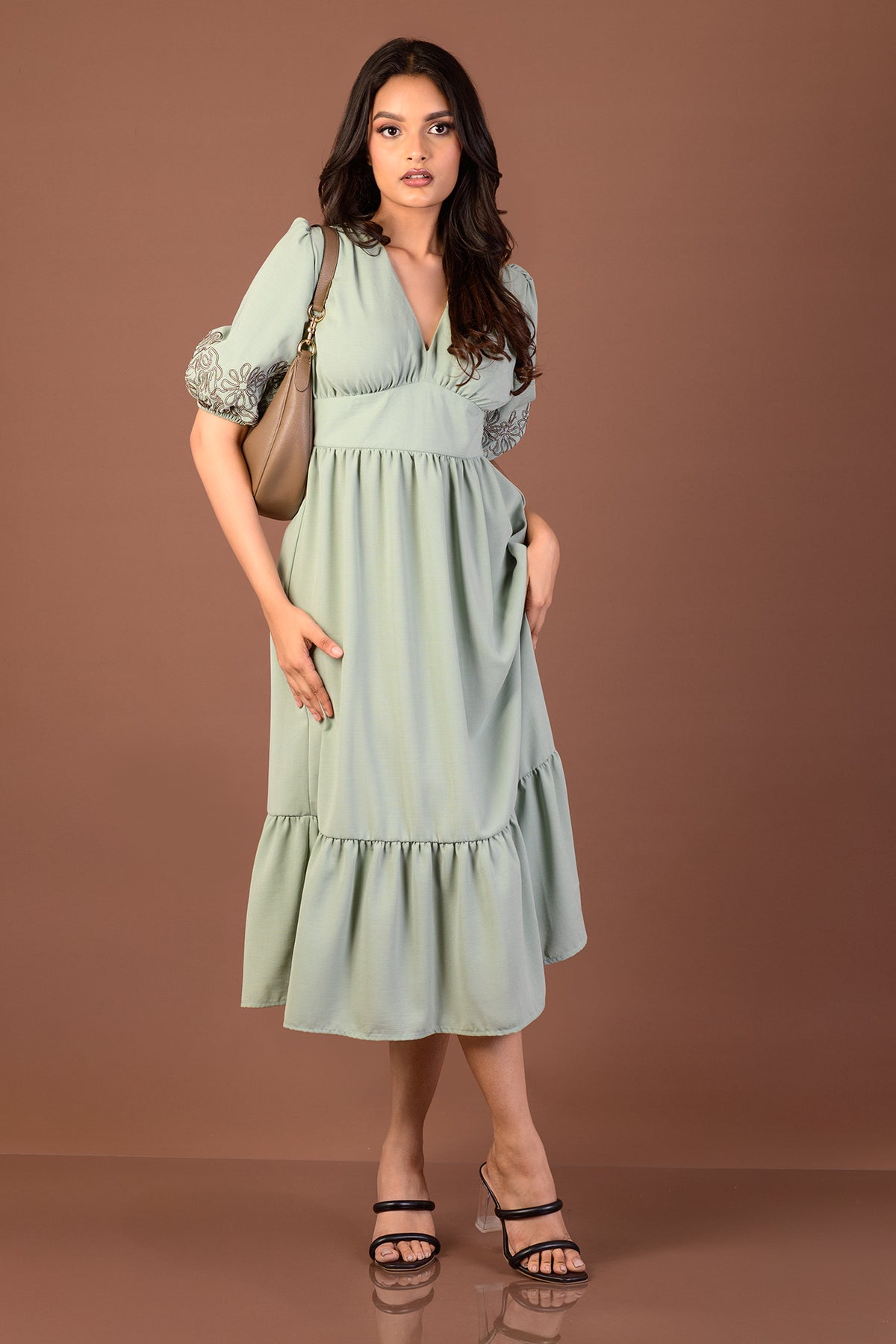 SOPHIA-Puff Sleeve Midi Dress