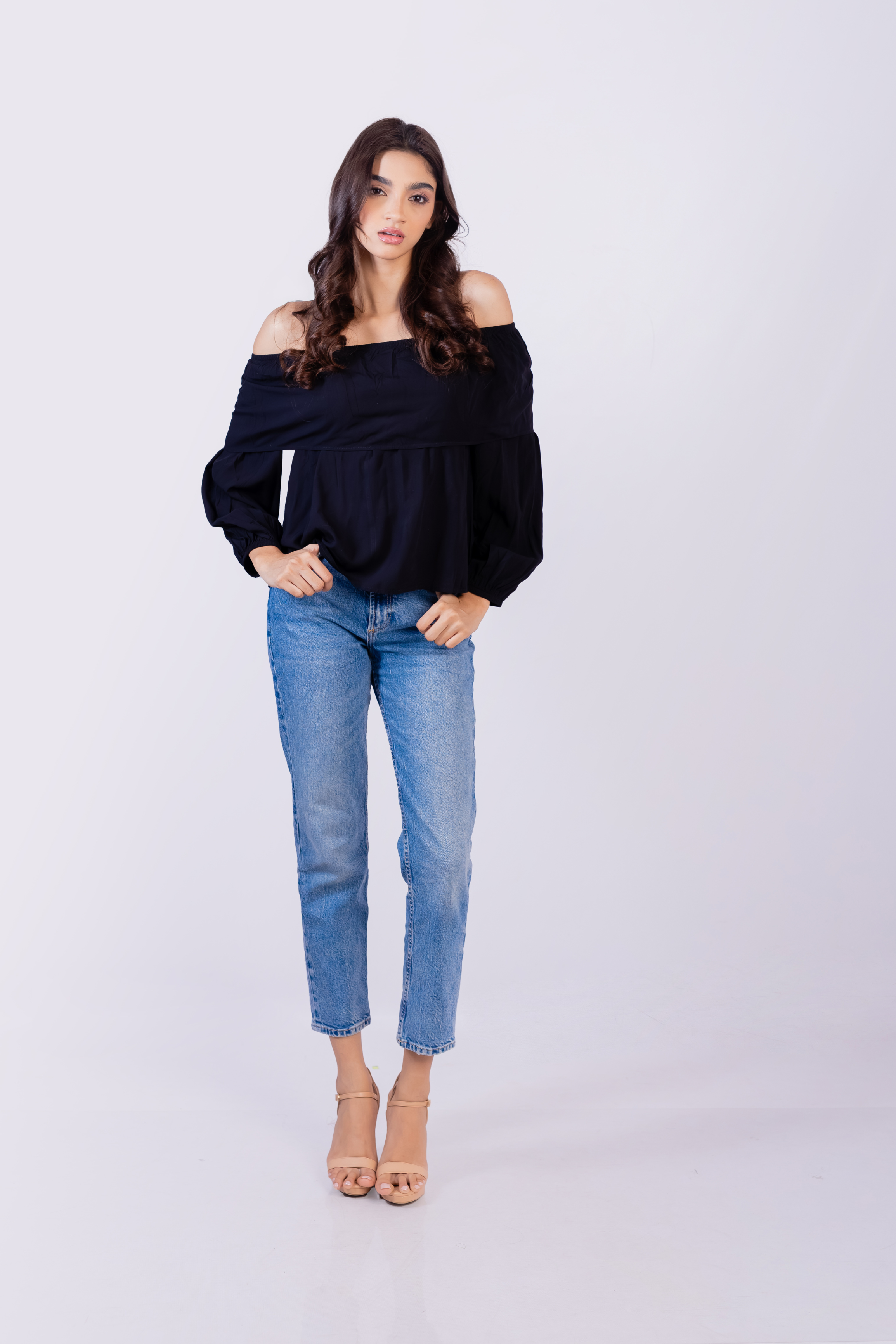 Off-shoulder long sleeve top