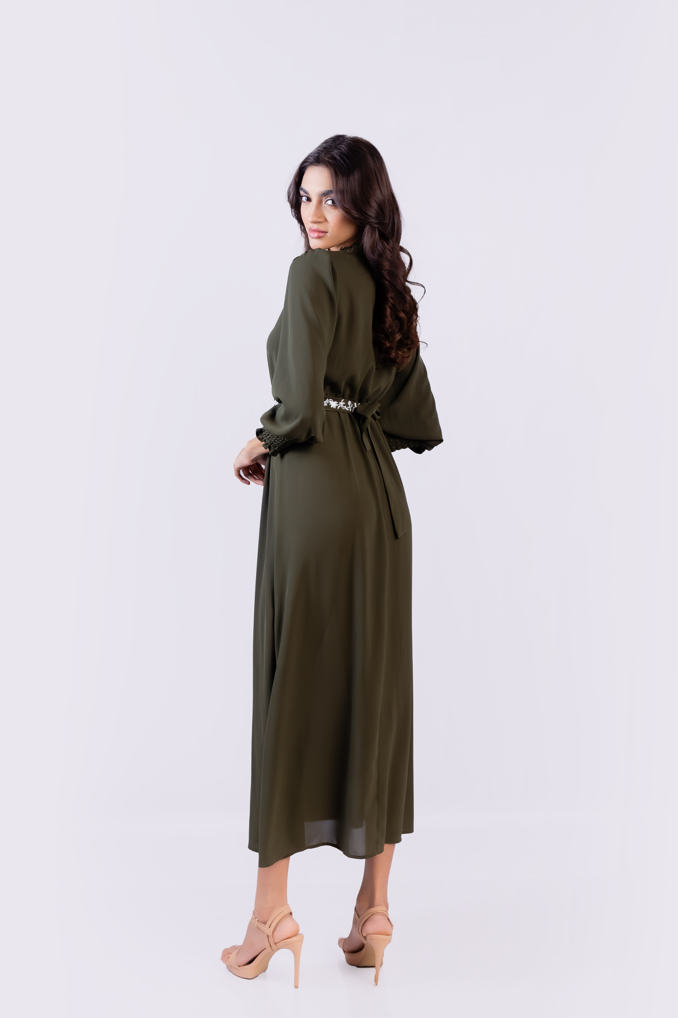 Solid Maxi Dress with Embroidered Belt detail