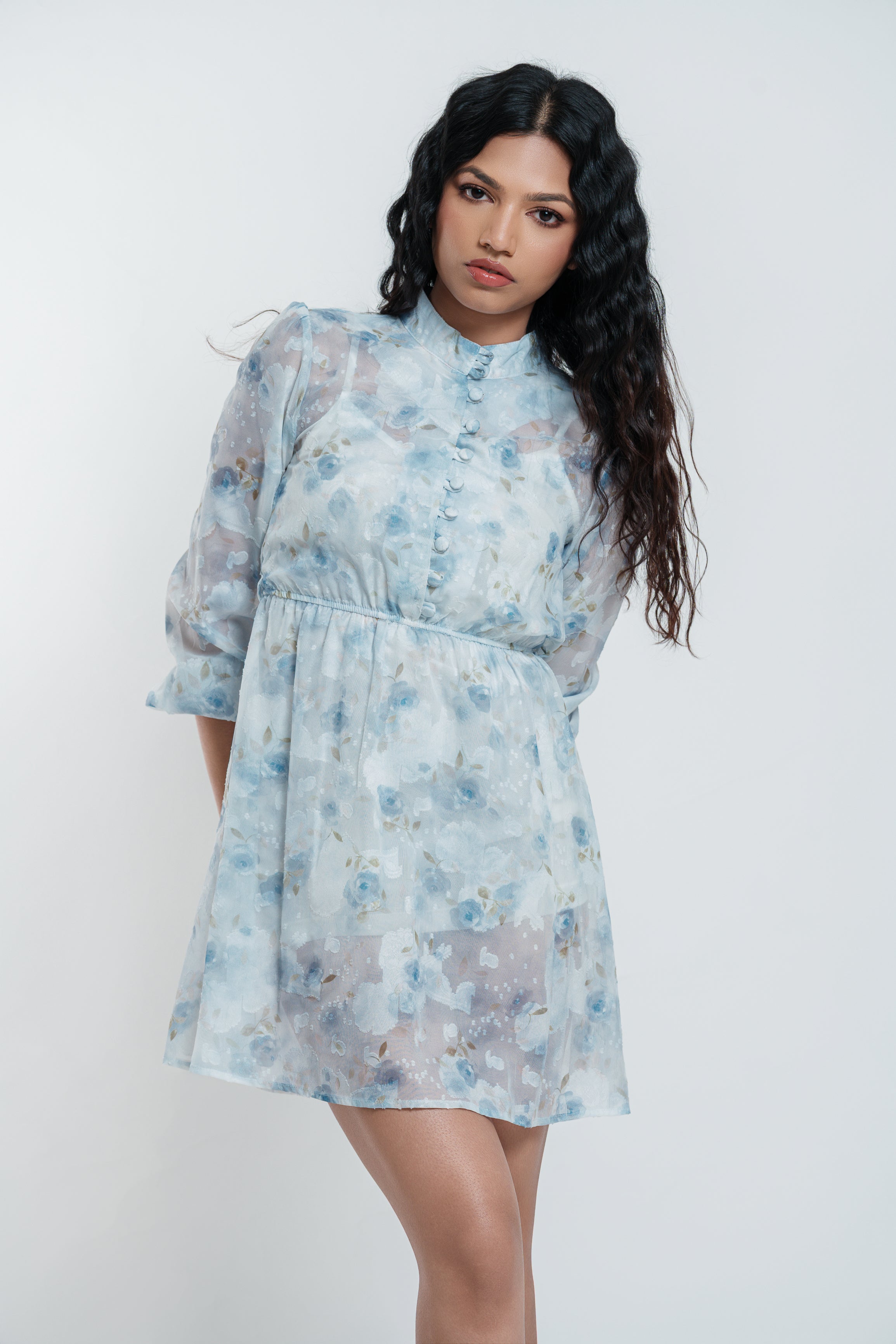 Blue Floral Sheer Overlay Dress