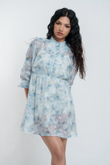 Blue Floral Sheer Overlay Dress
