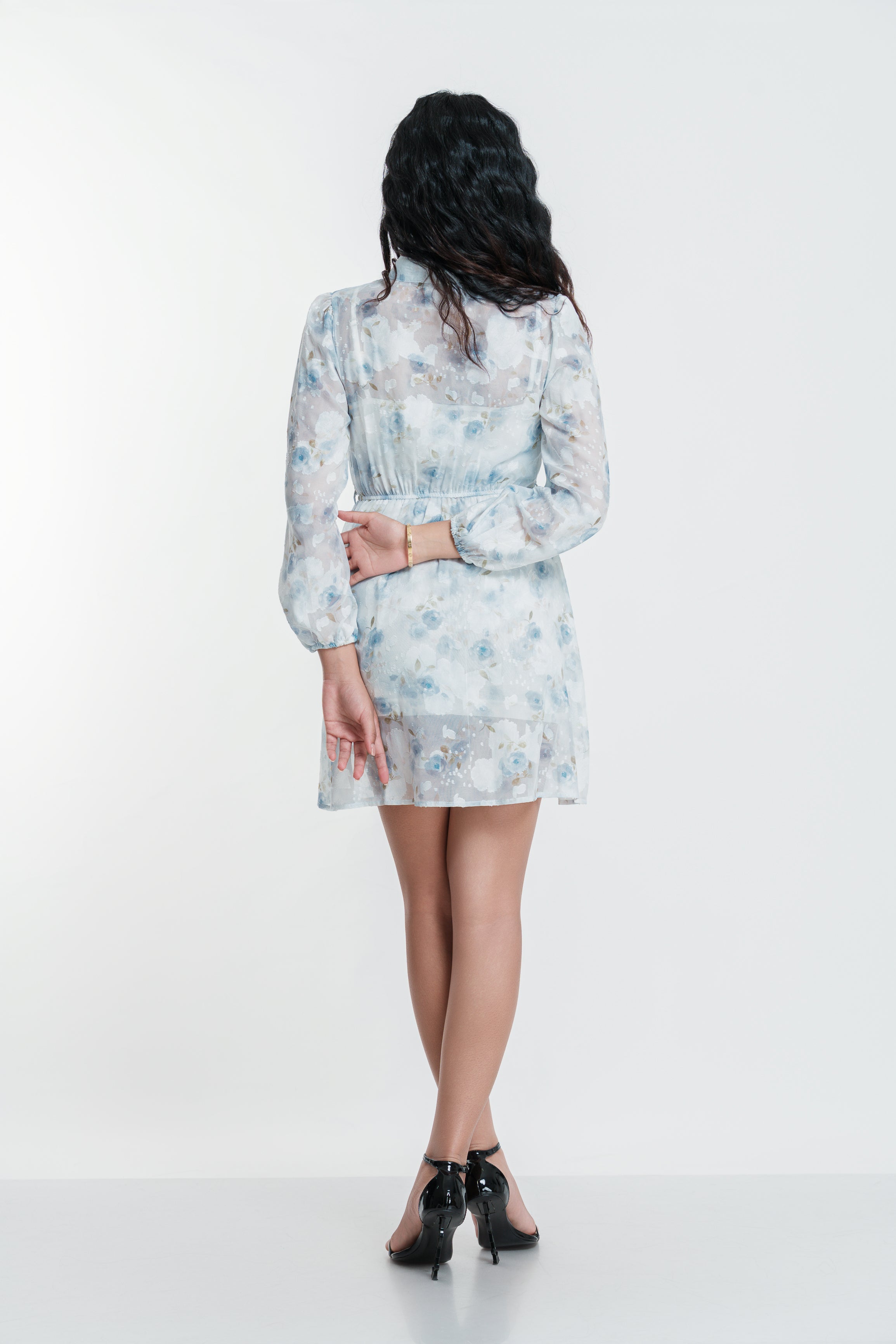 Blue Floral Sheer Overlay Dress