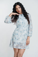Blue Floral Sheer Overlay Dress